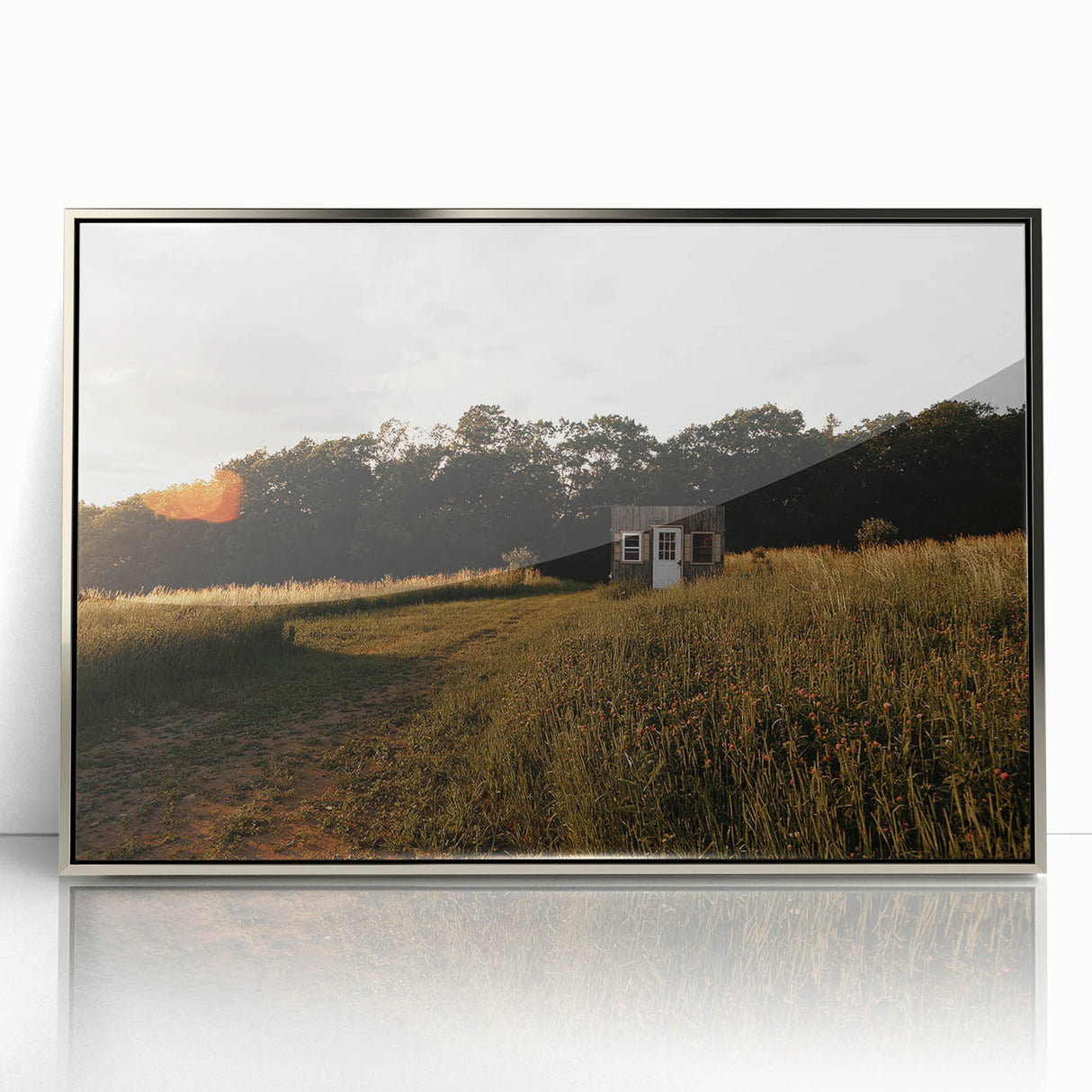 Rustic Landscape Wall Art – Peaceful Farmhouse Cabin in Golden Field