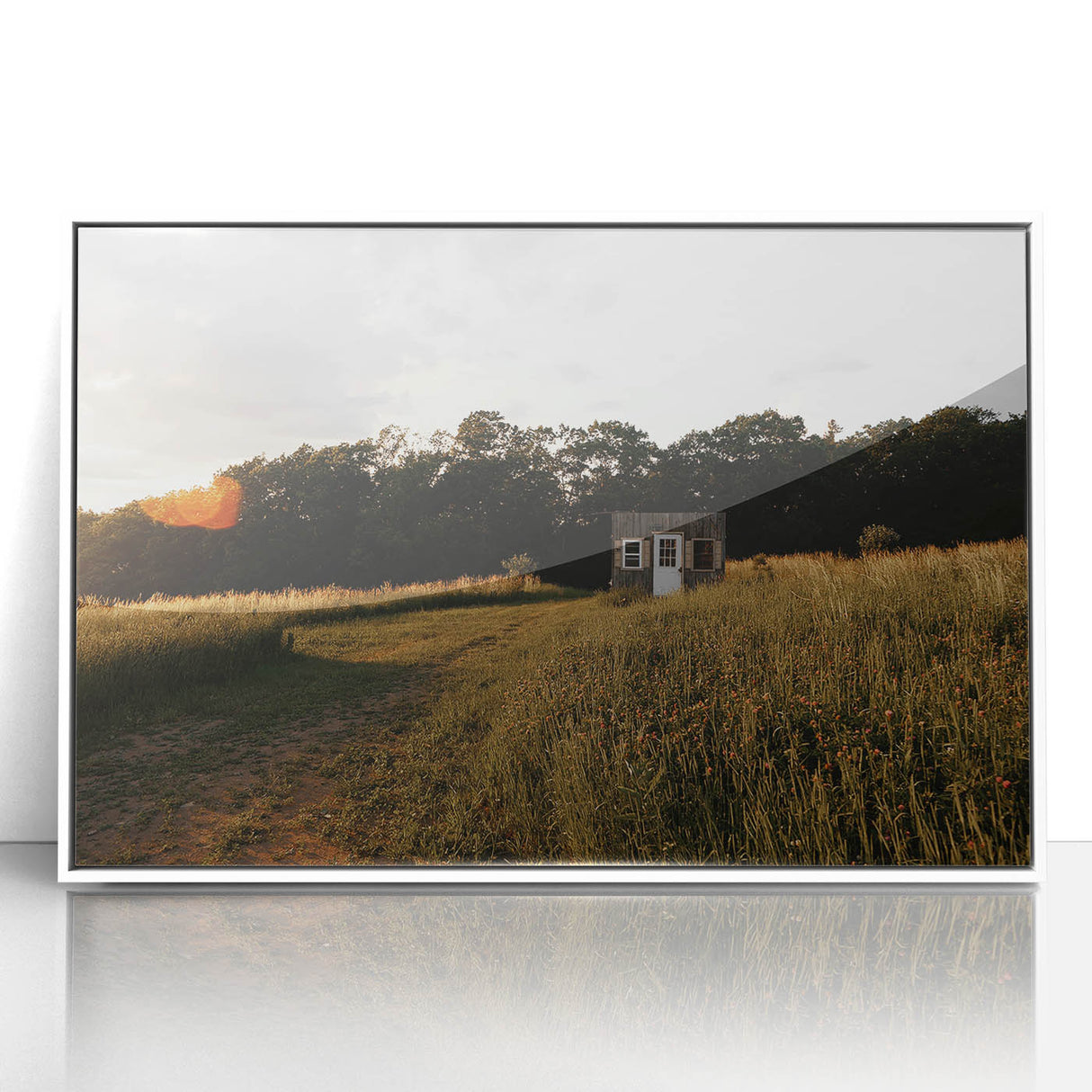 Rustic Landscape Wall Art – Peaceful Farmhouse Cabin in Golden Field
