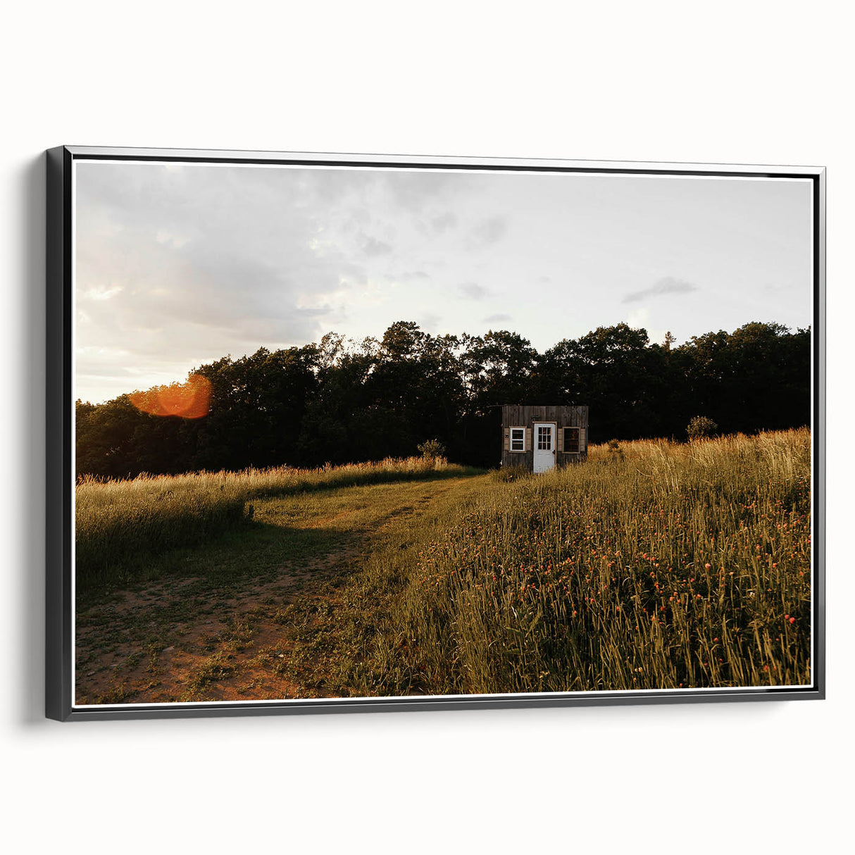 Rustic Landscape Wall Art – Peaceful Farmhouse Cabin in Golden Field