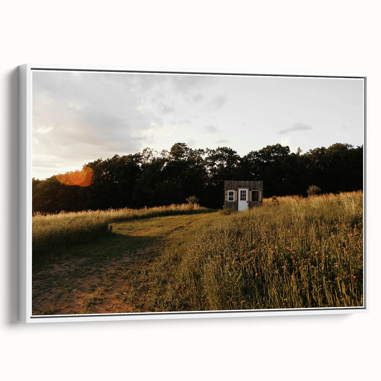 Rustic Landscape Wall Art – Peaceful Farmhouse Cabin in Golden Field