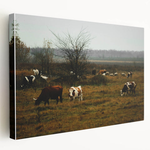 Rustic Farm Landscape Wall Art – Grazing Cows in Serene Pasture Scene