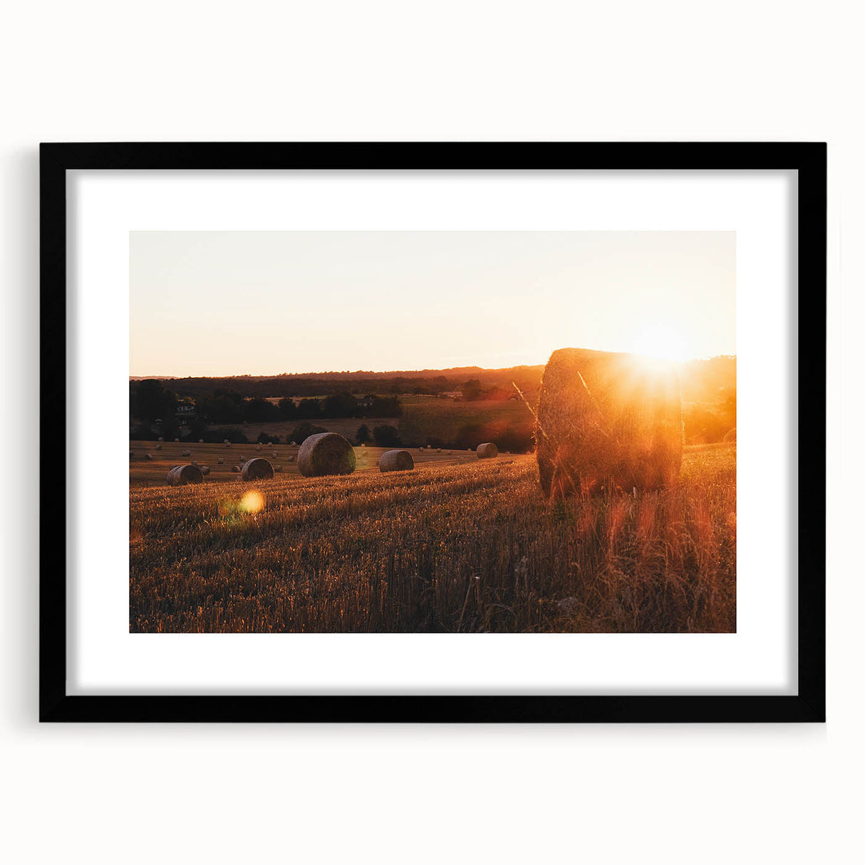 Rustic Farm Landscape Wall Art – Sunlit Hay Bales in a Golden Field