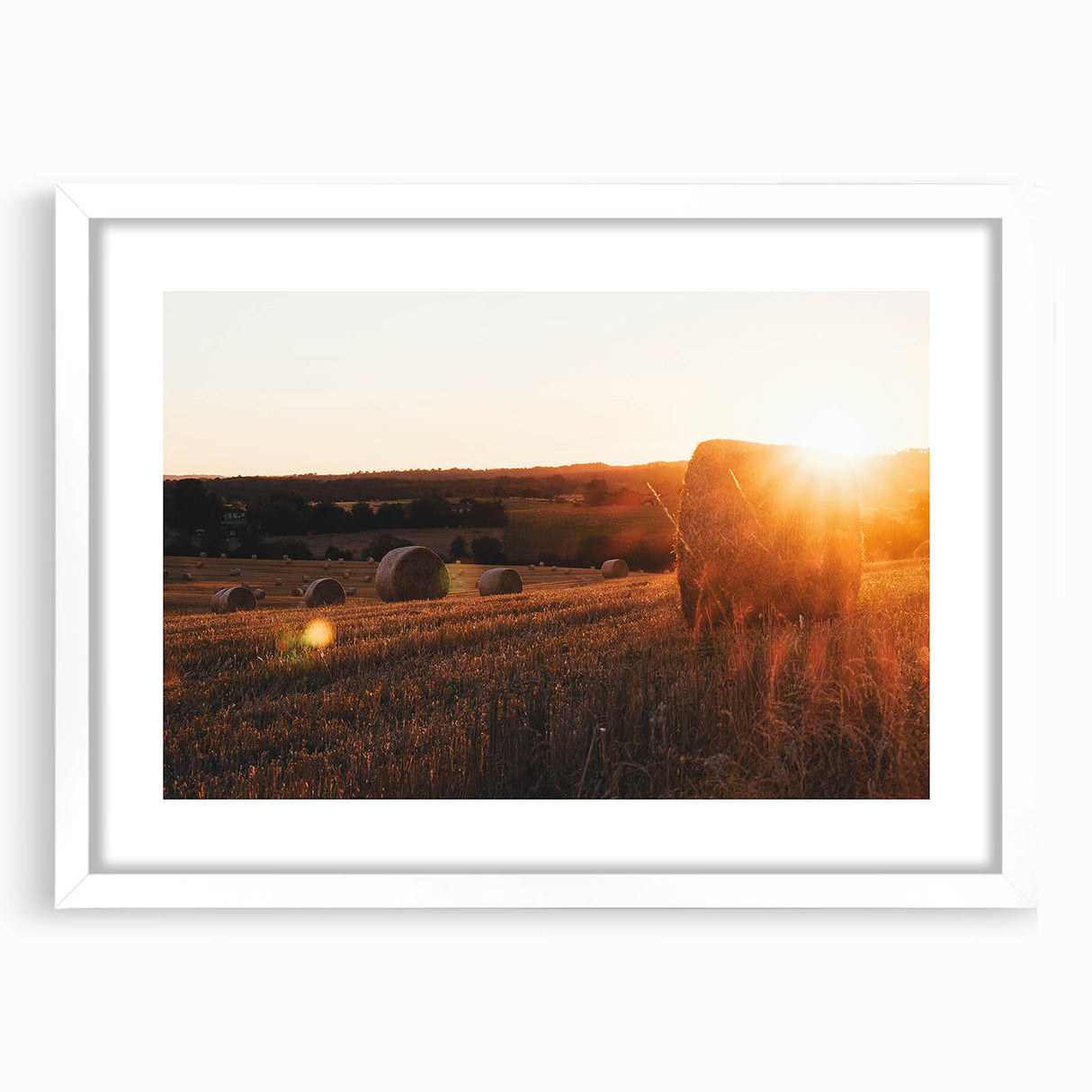 Rustic Farm Landscape Wall Art – Sunlit Hay Bales in a Golden Field