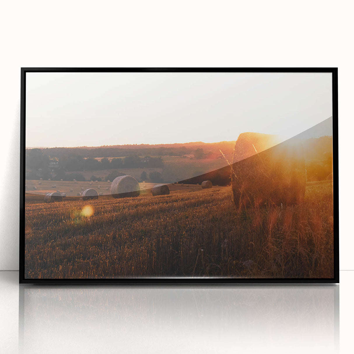 Rustic Farm Landscape Wall Art – Sunlit Hay Bales in a Golden Field