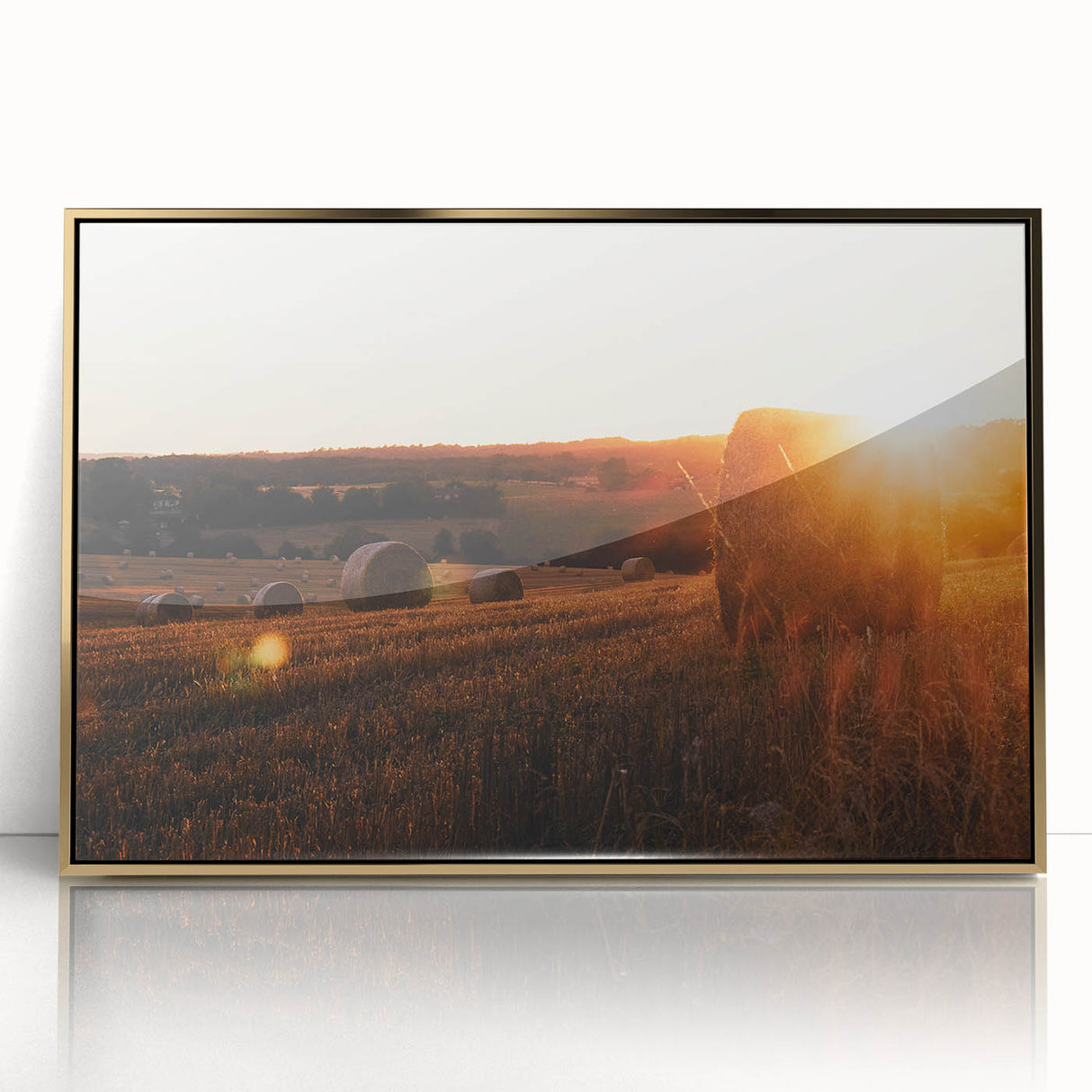 Rustic Farm Landscape Wall Art – Sunlit Hay Bales in a Golden Field