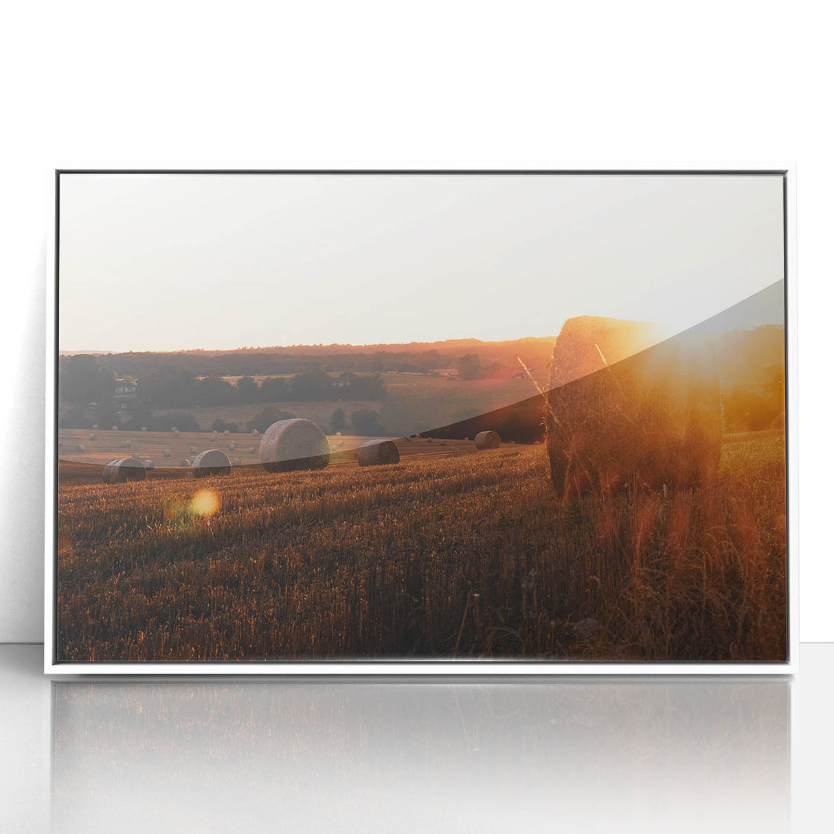 Rustic Farm Landscape Wall Art – Sunlit Hay Bales in a Golden Field