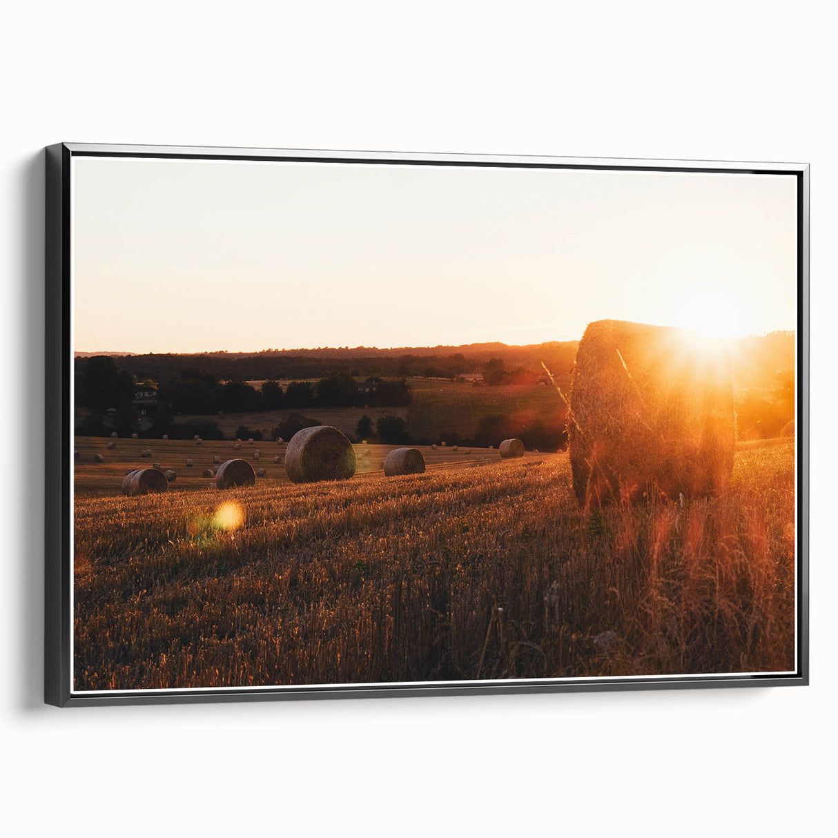 Rustic Farm Landscape Wall Art – Sunlit Hay Bales in a Golden Field