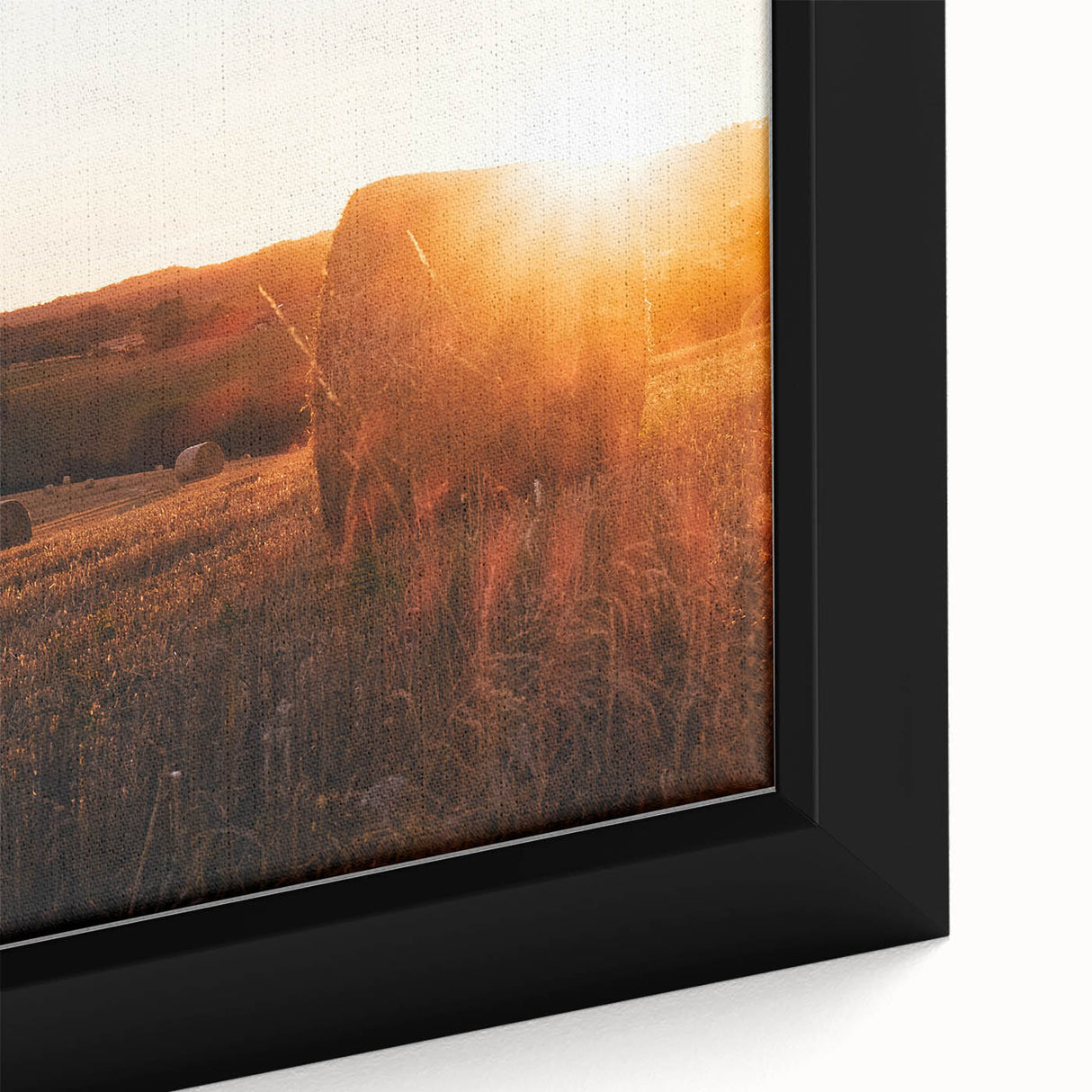 Rustic Farm Landscape Wall Art – Sunlit Hay Bales in a Golden Field