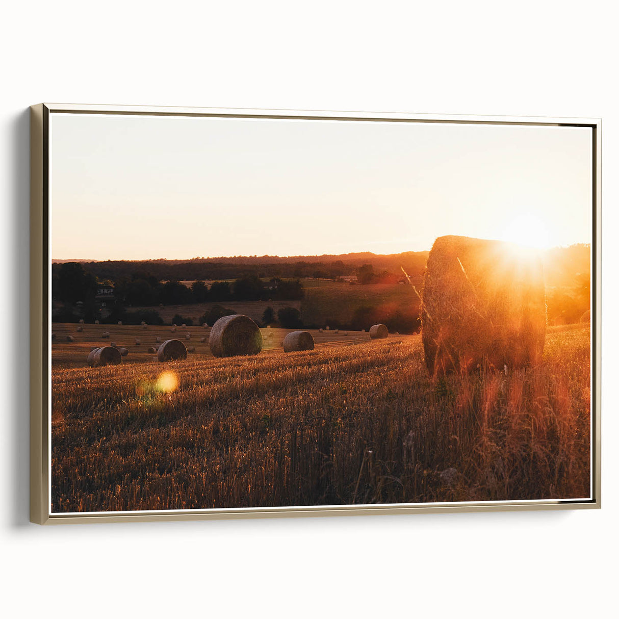 Rustic Farm Landscape Wall Art – Sunlit Hay Bales in a Golden Field