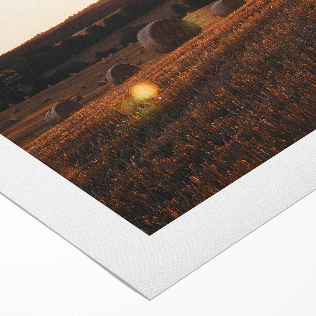 Rustic Farm Landscape Wall Art – Sunlit Hay Bales in a Golden Field