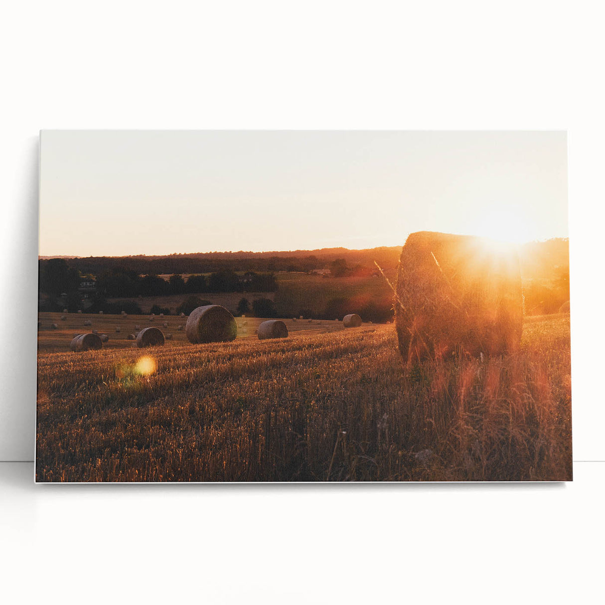 Rustic Farm Landscape Wall Art – Sunlit Hay Bales in a Golden Field
