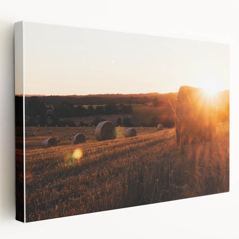 Rustic Farm Landscape Wall Art – Sunlit Hay Bales in a Golden Field