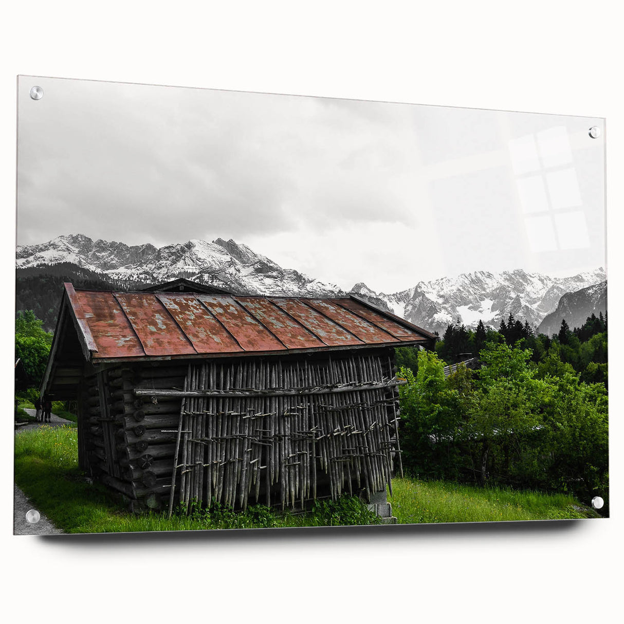 Rustic Mountain Cabin Wall Art – Weathered Wood Cabin with Alpine View