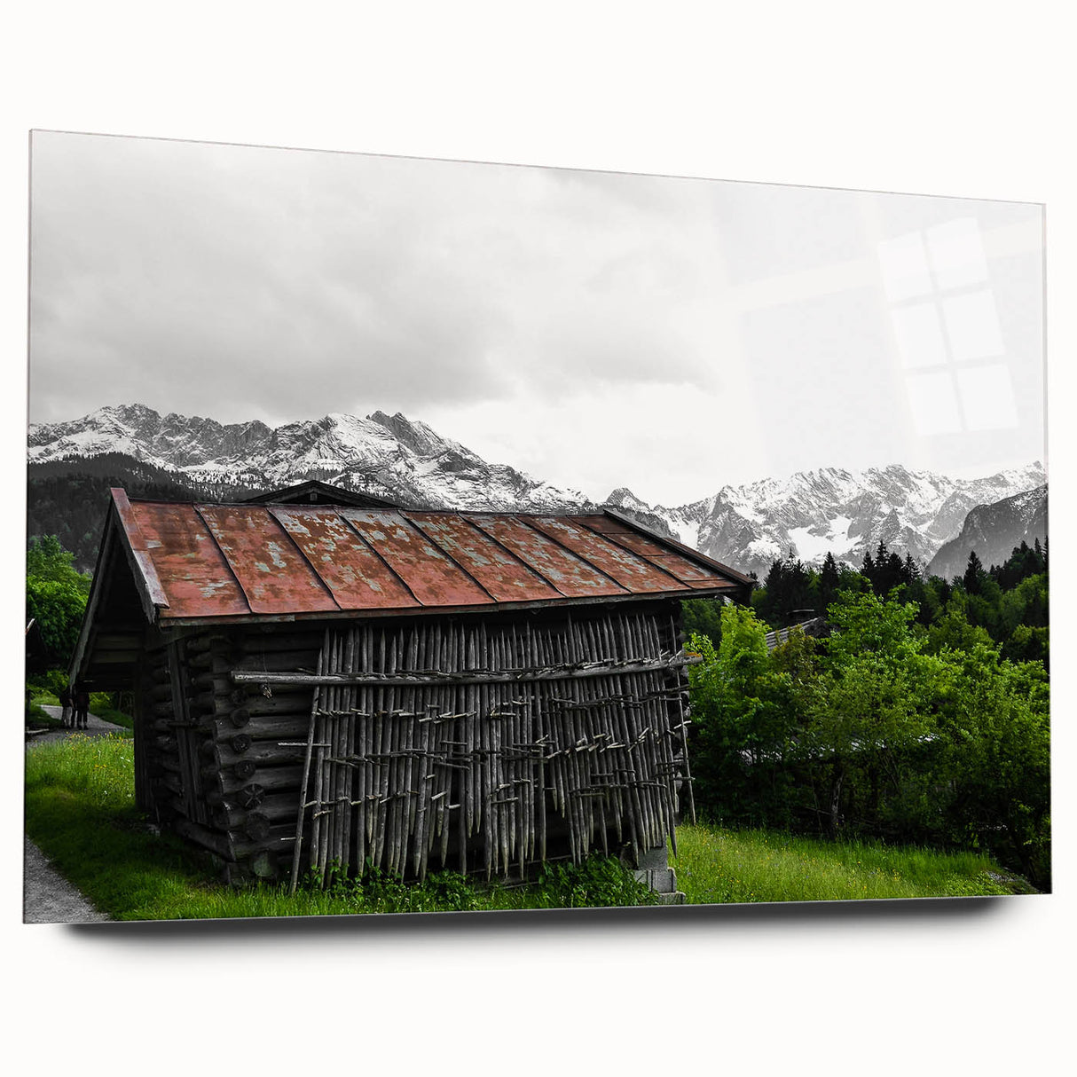Rustic Mountain Cabin Wall Art – Weathered Wood Cabin with Alpine View