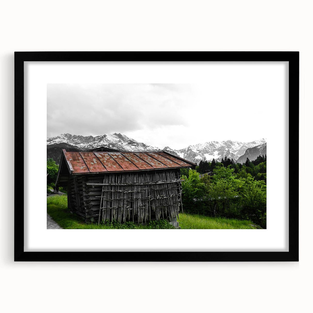Rustic Mountain Cabin Wall Art – Weathered Wood Cabin with Alpine View