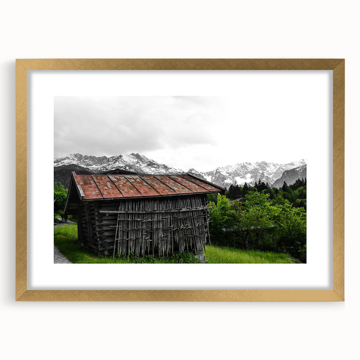 Rustic Mountain Cabin Wall Art – Weathered Wood Cabin with Alpine View