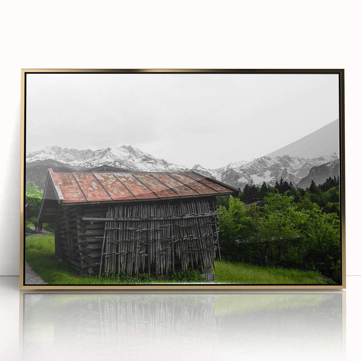 Rustic Mountain Cabin Wall Art – Weathered Wood Cabin with Alpine View