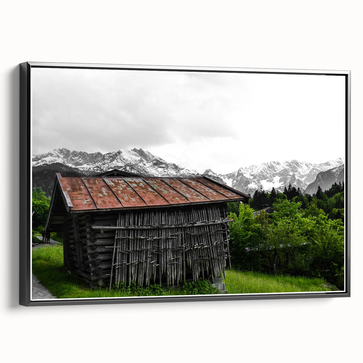 Rustic Mountain Cabin Wall Art – Weathered Wood Cabin with Alpine View