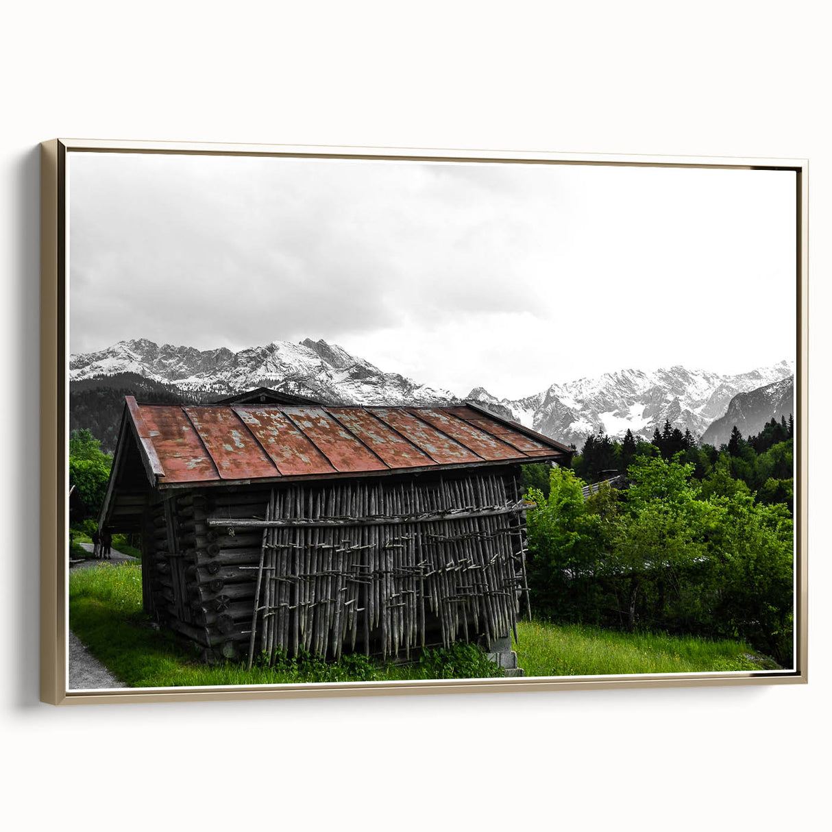 Rustic Mountain Cabin Wall Art – Weathered Wood Cabin with Alpine View