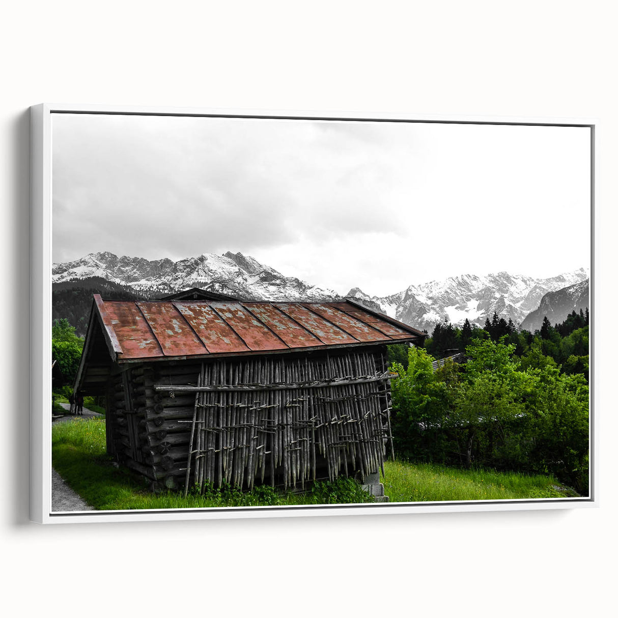 Rustic Mountain Cabin Wall Art – Weathered Wood Cabin with Alpine View