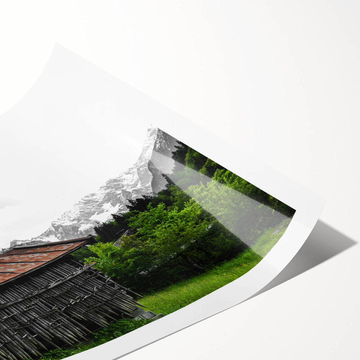 Rustic Mountain Cabin Wall Art – Weathered Wood Cabin with Alpine View