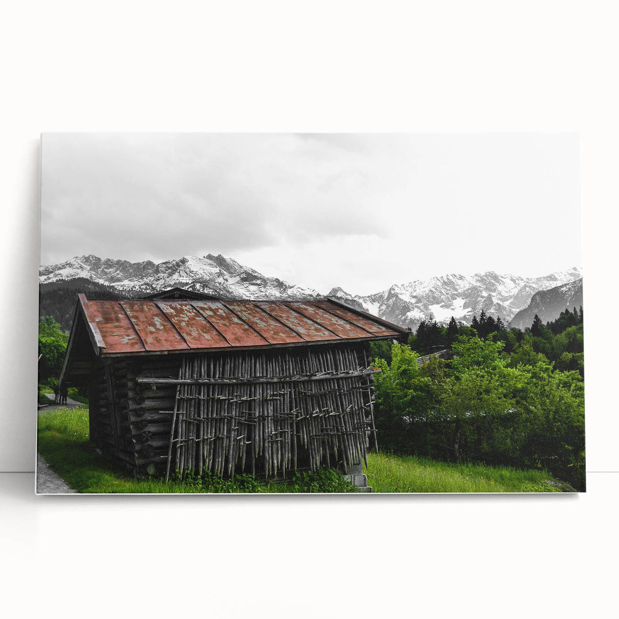 Rustic Mountain Cabin Wall Art – Weathered Wood Cabin with Alpine View