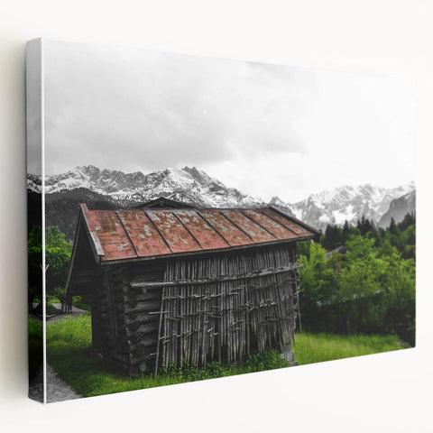 Rustic Mountain Cabin Wall Art – Weathered Wood Cabin with Alpine View