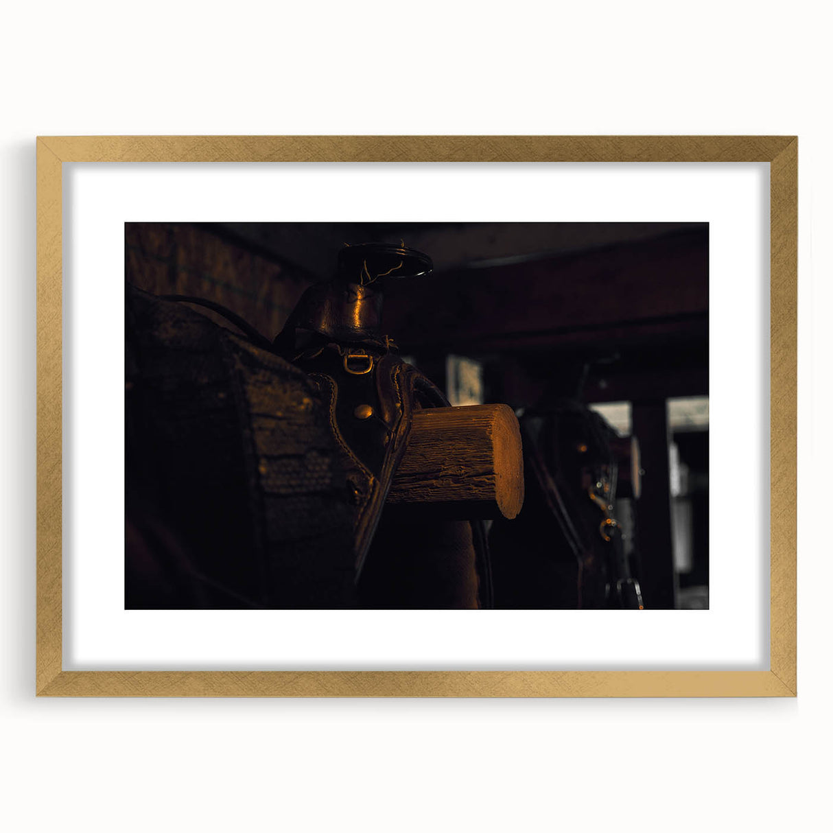 Rustic Saddle Wall Art – Vintage Leather Saddle in Cozy Barn Setting