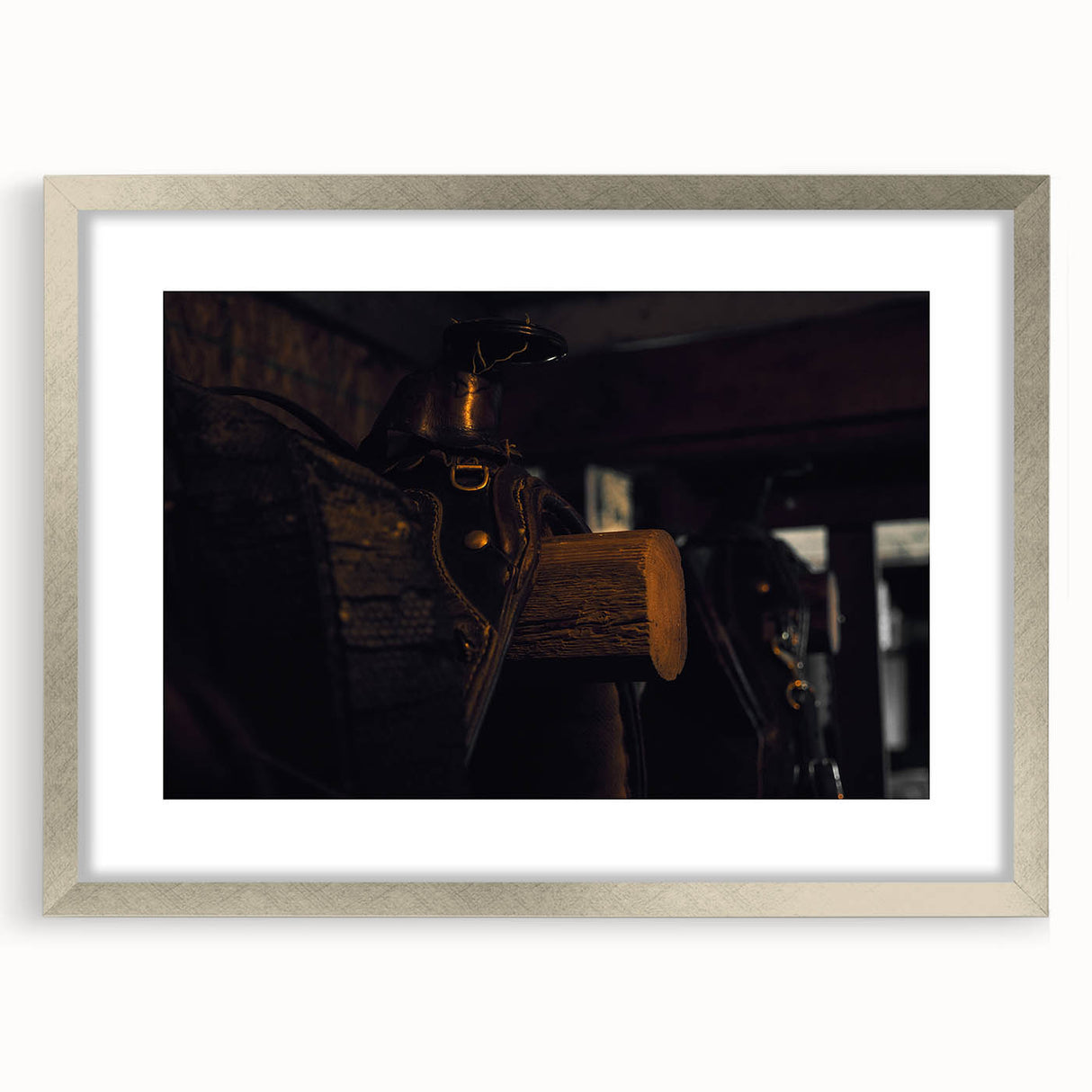 Rustic Saddle Wall Art – Vintage Leather Saddle in Cozy Barn Setting