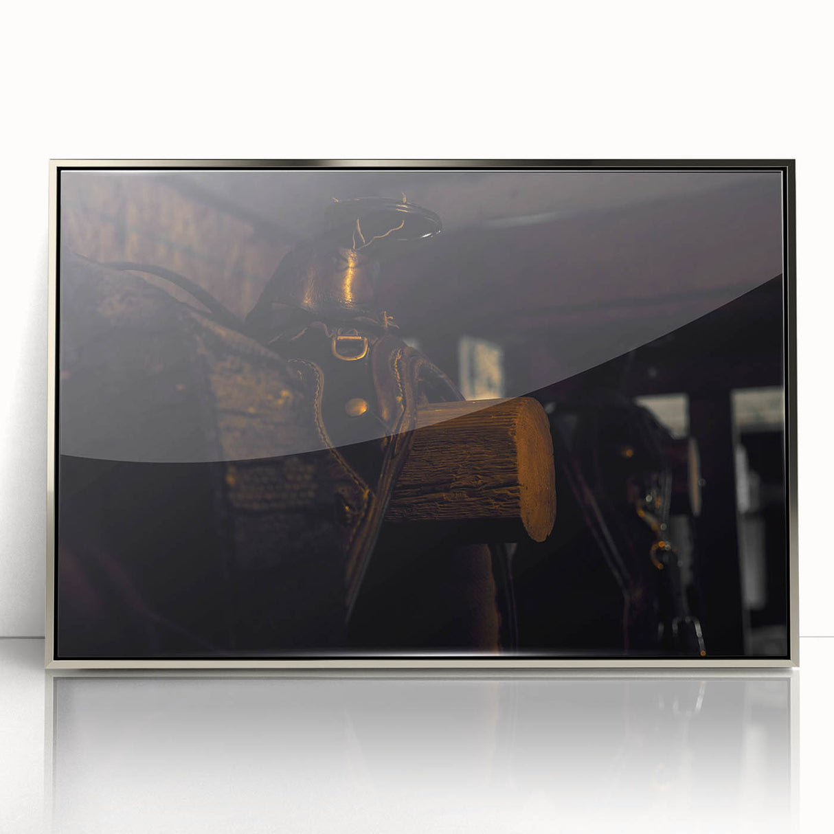 Rustic Saddle Wall Art – Vintage Leather Saddle in Cozy Barn Setting