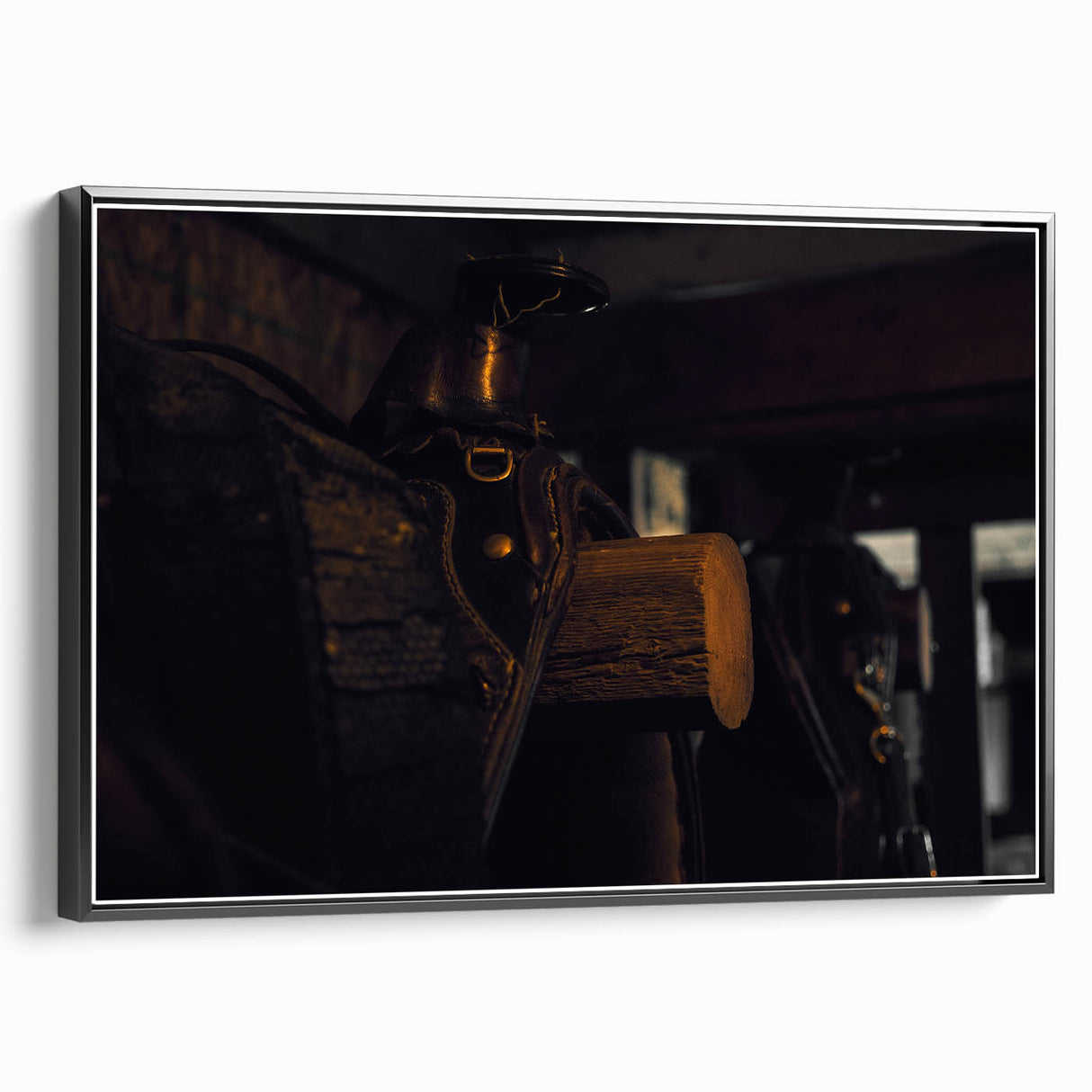 Rustic Saddle Wall Art – Vintage Leather Saddle in Cozy Barn Setting