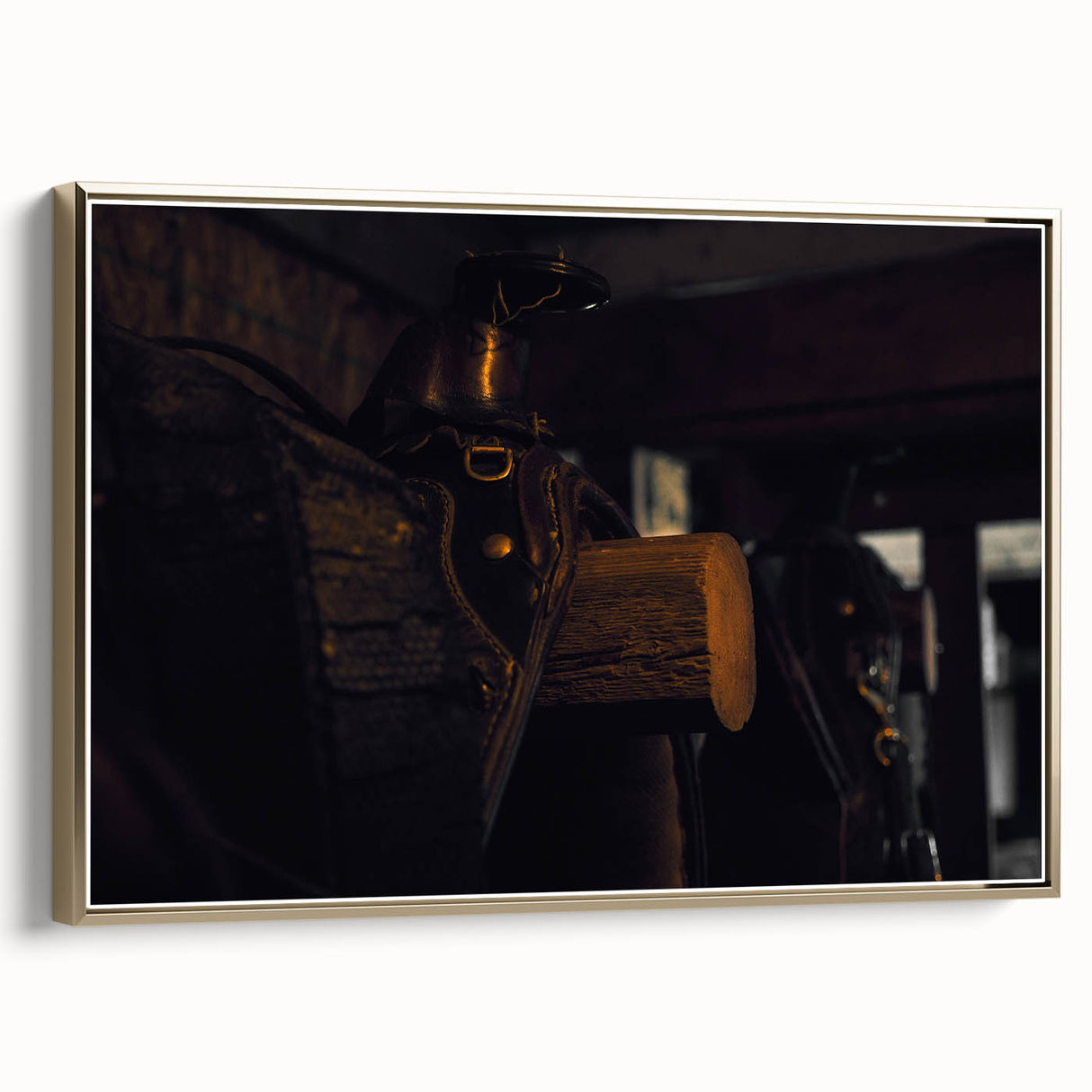 Rustic Saddle Wall Art – Vintage Leather Saddle in Cozy Barn Setting
