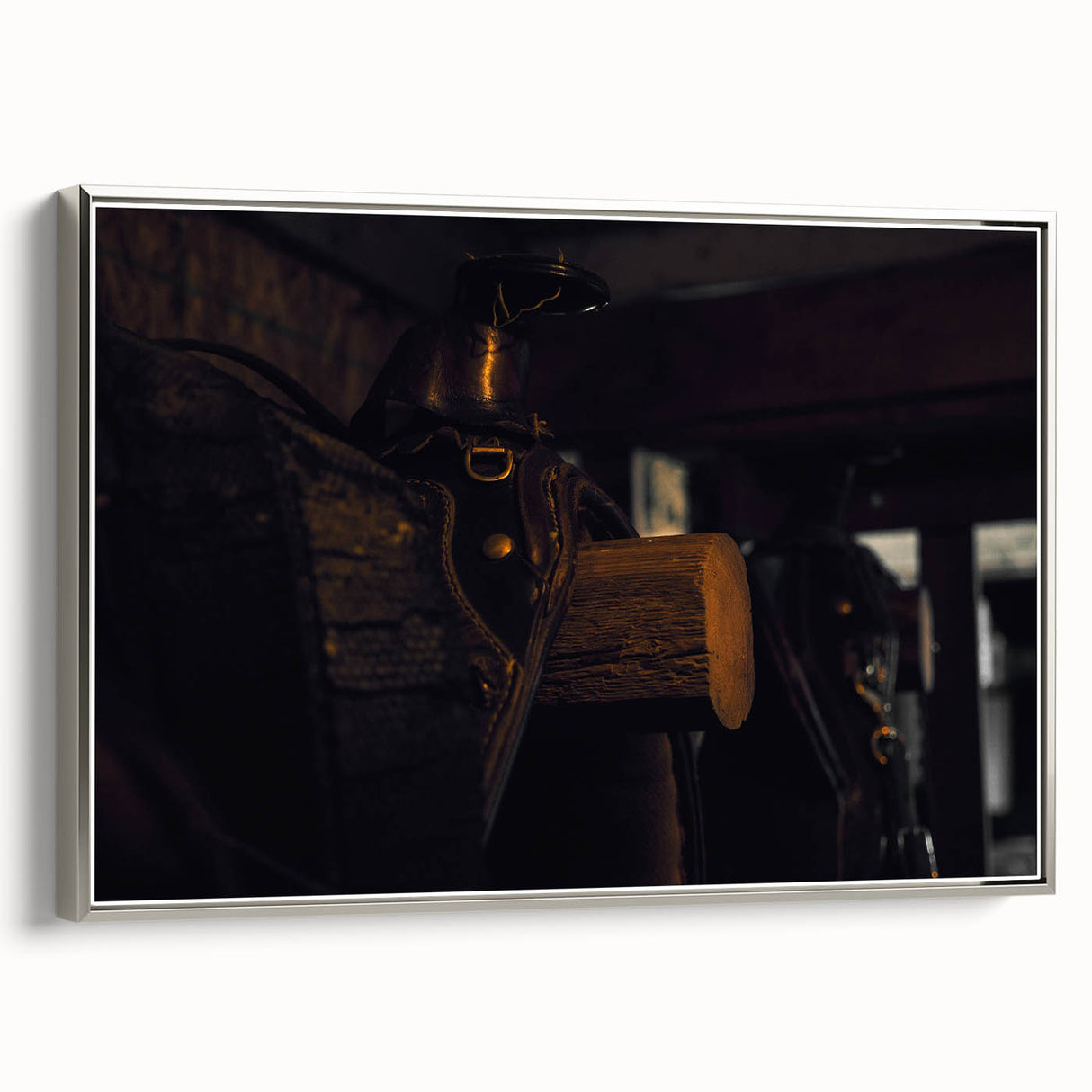 Rustic Saddle Wall Art – Vintage Leather Saddle in Cozy Barn Setting
