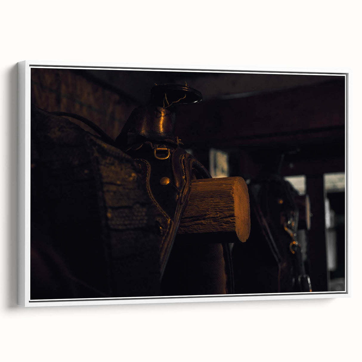 Rustic Saddle Wall Art – Vintage Leather Saddle in Cozy Barn Setting