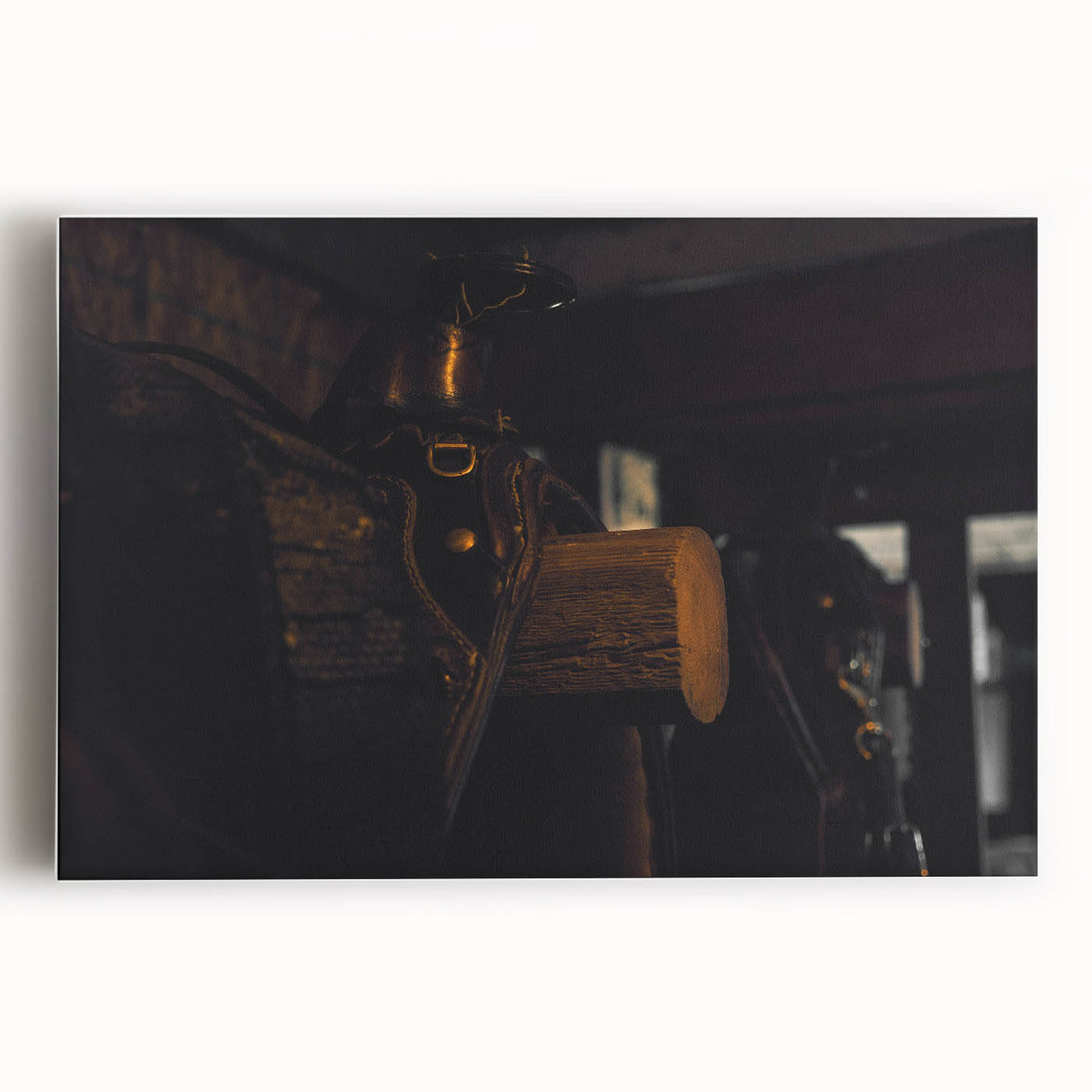 Rustic Saddle Wall Art – Vintage Leather Saddle in Cozy Barn Setting
