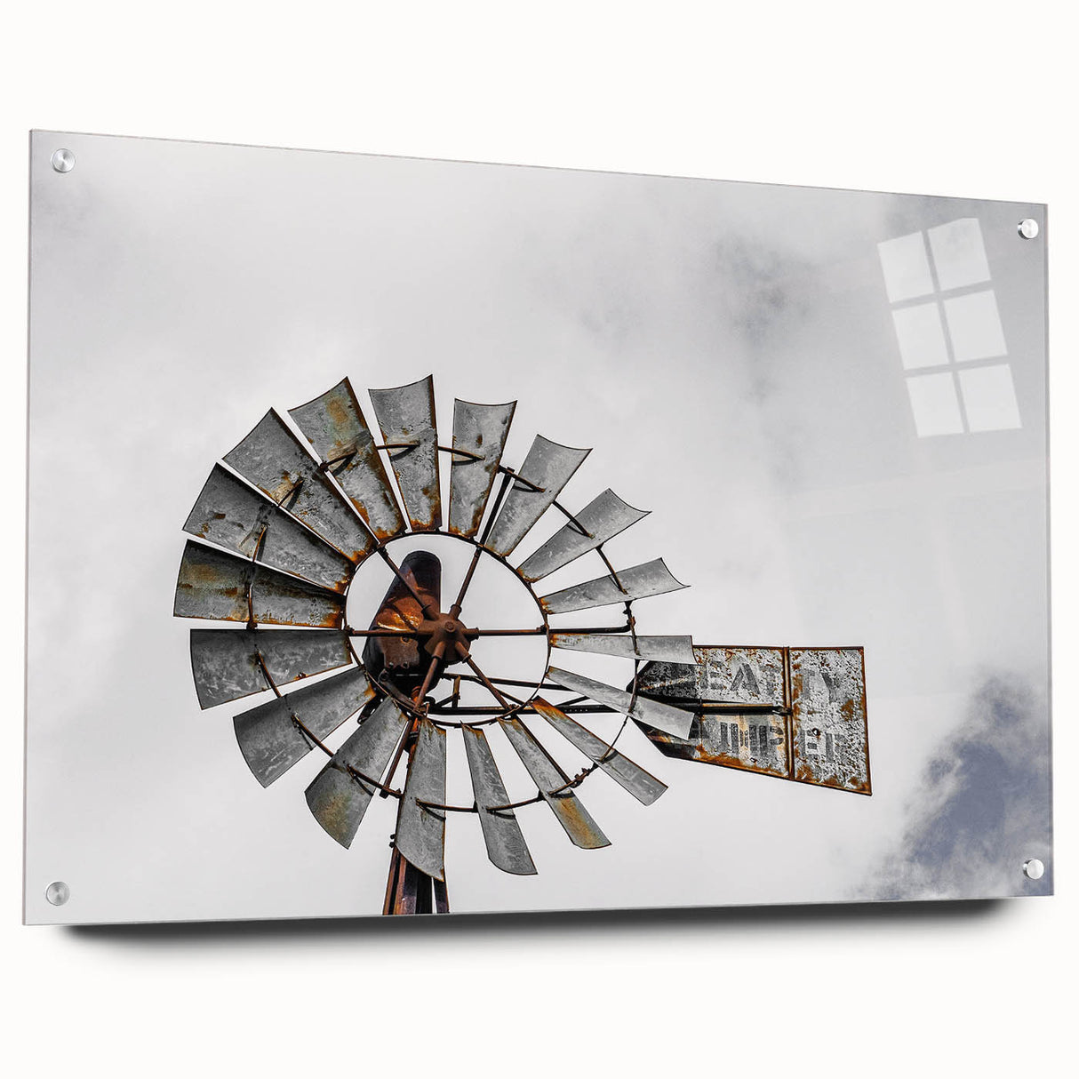 Rustic Windmill Wall Art – Vintage Farm Windmill Against Cloudy Sky