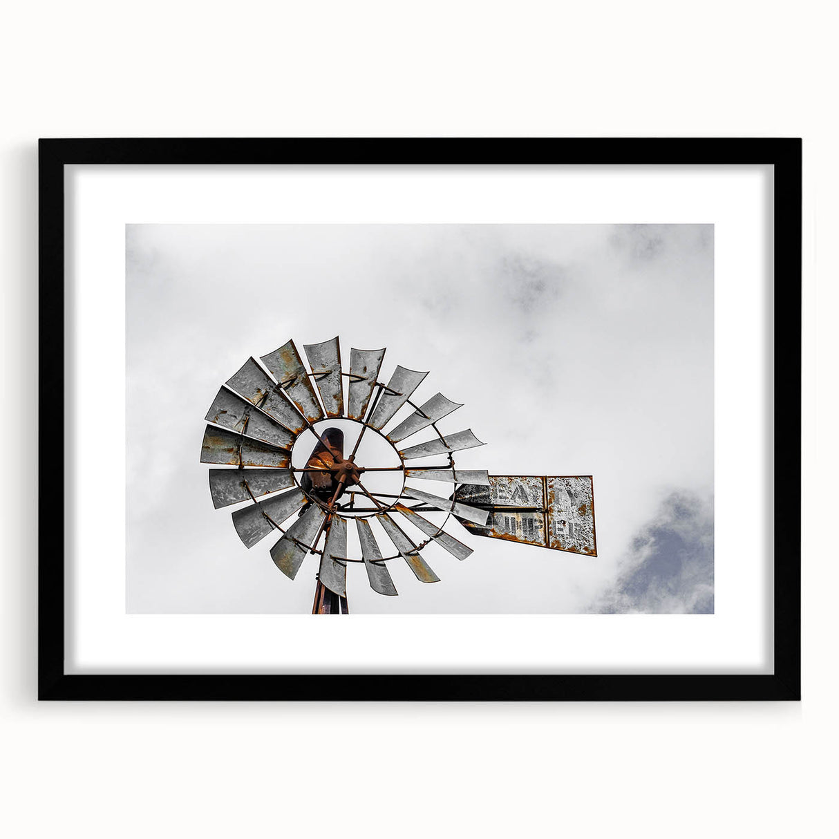 Rustic Windmill Wall Art – Vintage Farm Windmill Against Cloudy Sky