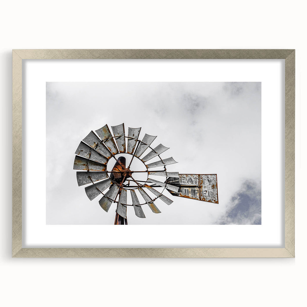Rustic Windmill Wall Art – Vintage Farm Windmill Against Cloudy Sky