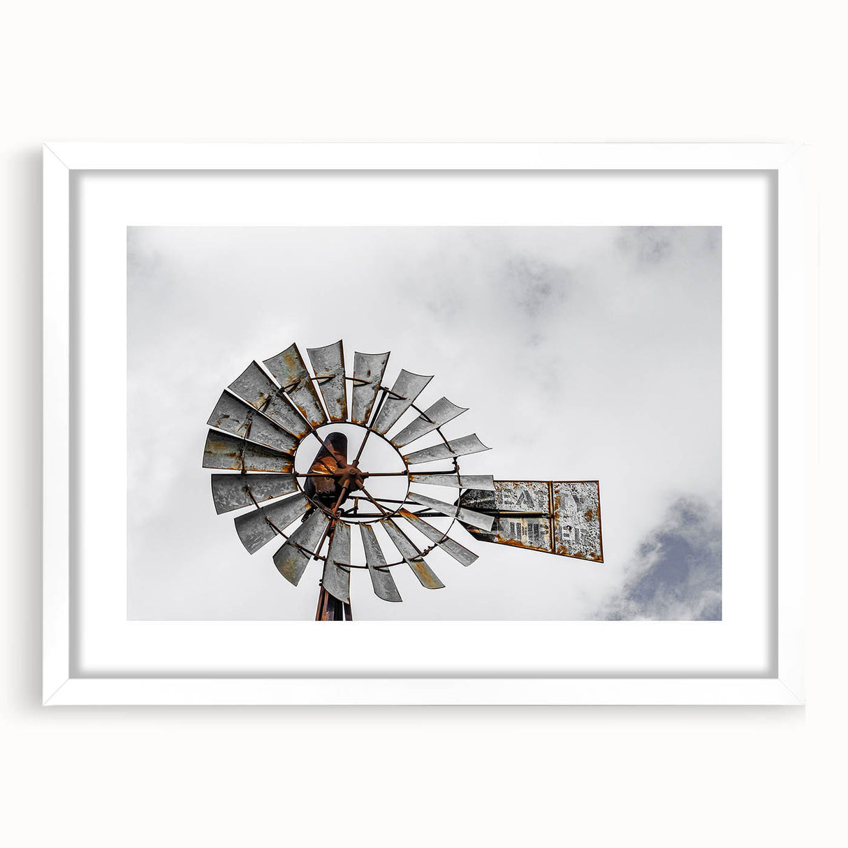 Rustic Windmill Wall Art – Vintage Farm Windmill Against Cloudy Sky