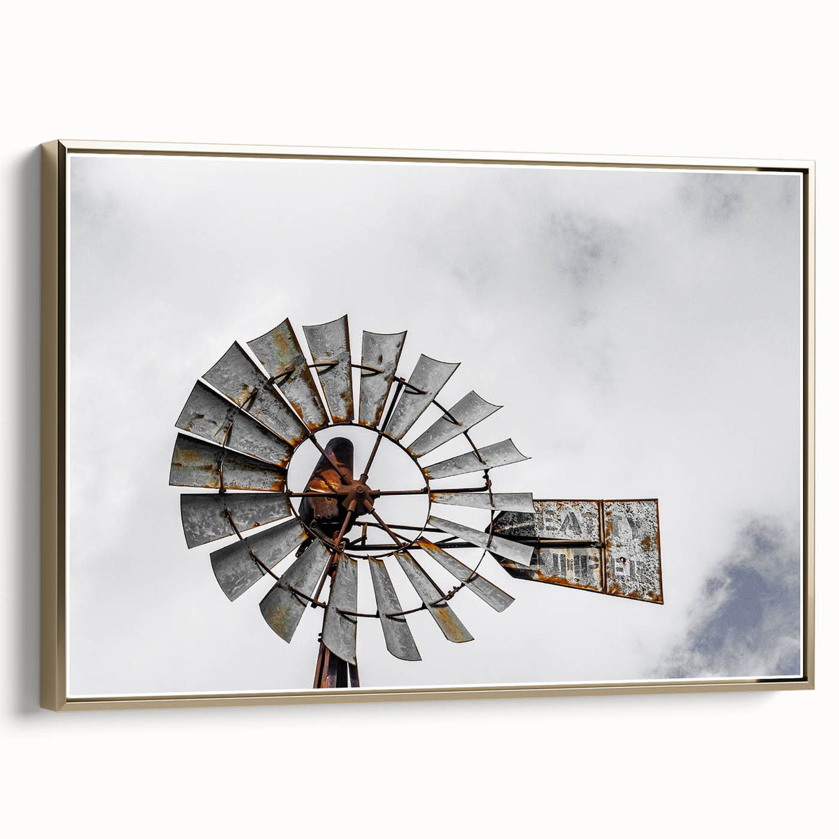 Rustic Windmill Wall Art – Vintage Farm Windmill Against Cloudy Sky