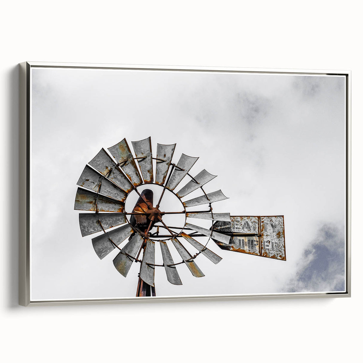 Rustic Windmill Wall Art – Vintage Farm Windmill Against Cloudy Sky
