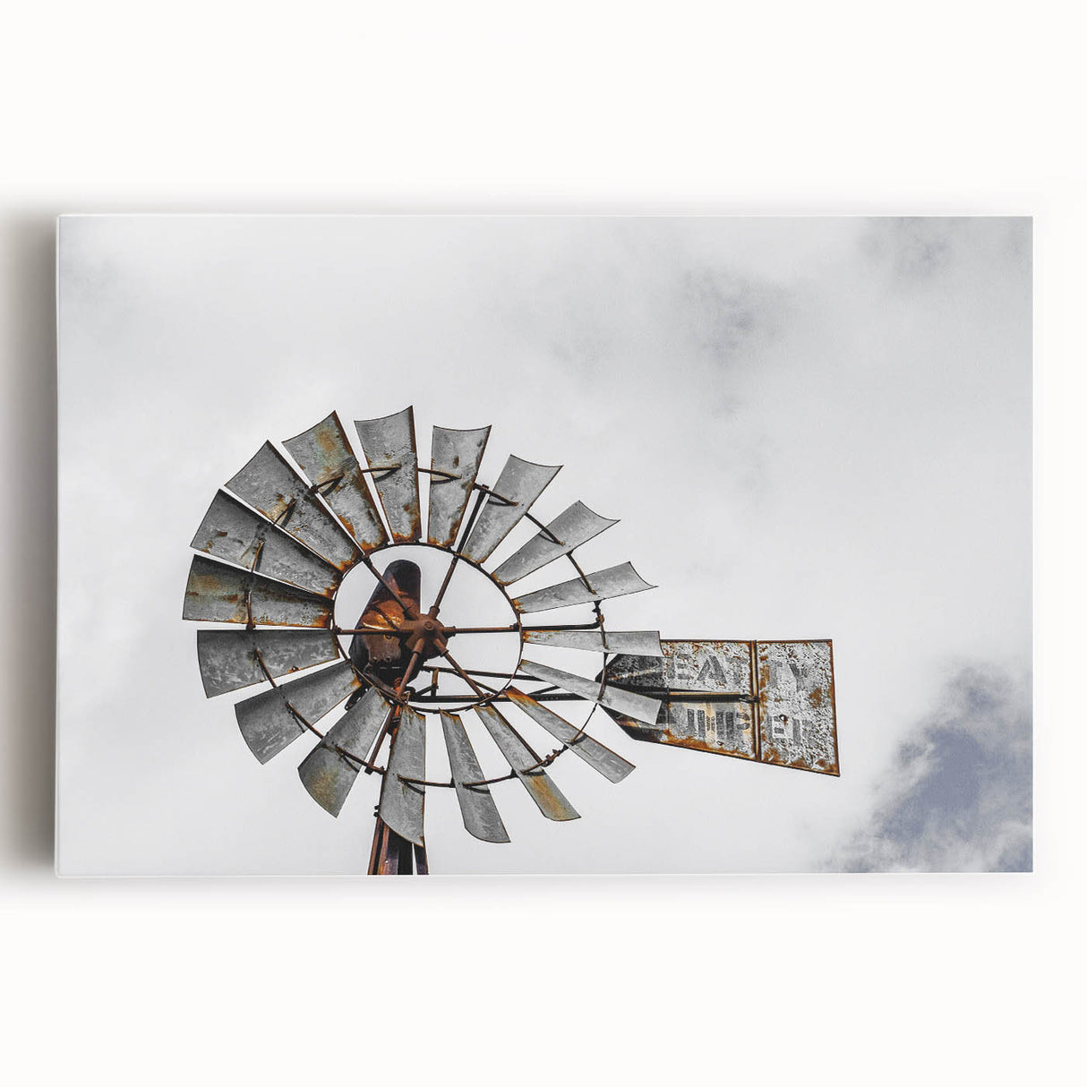 Rustic Windmill Wall Art – Vintage Farm Windmill Against Cloudy Sky