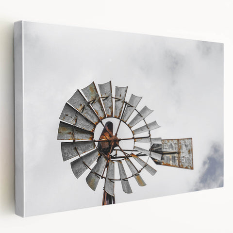Rustic Windmill Wall Art – Vintage Farm Windmill Against Cloudy Sky