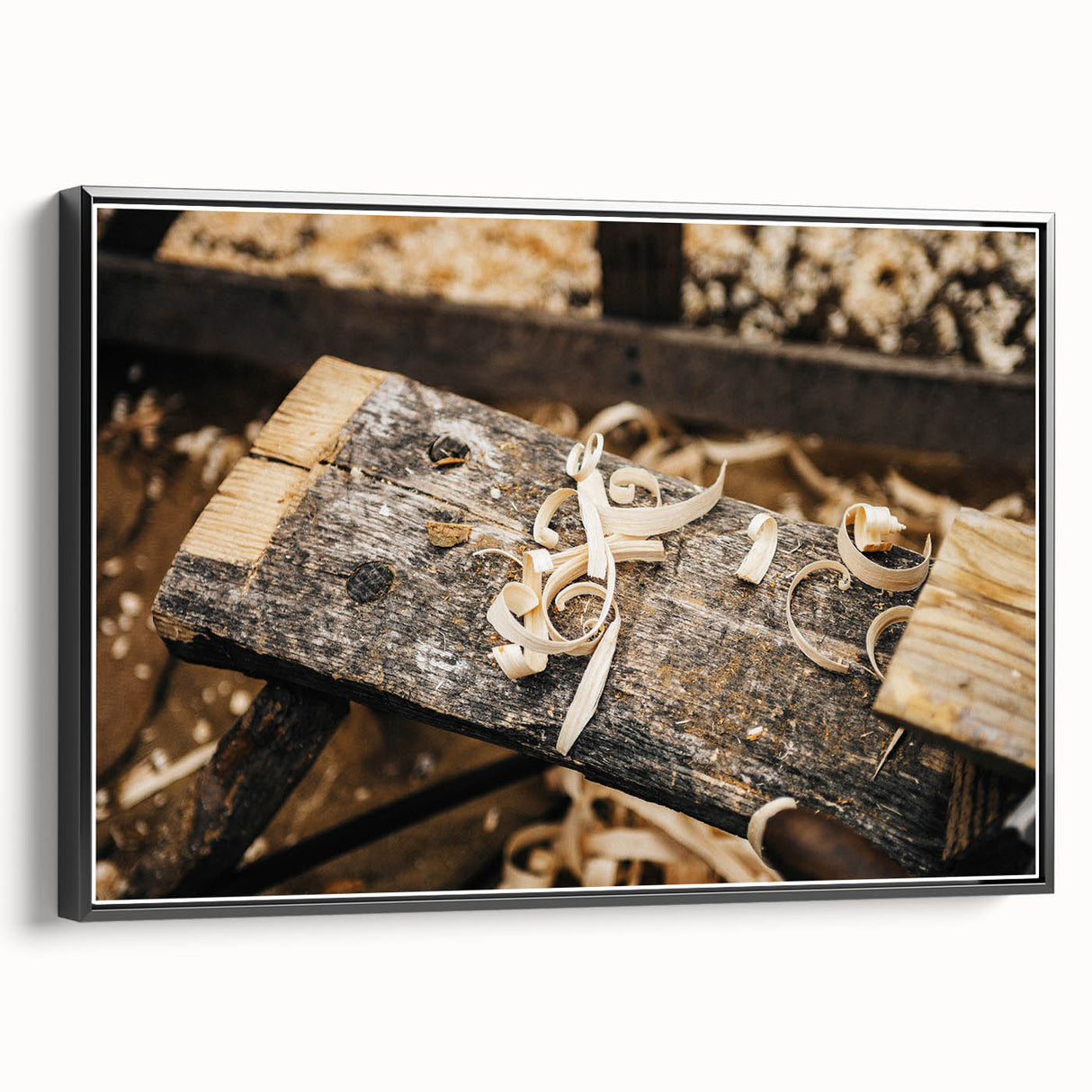 Rustic Woodworking Wall Art – Artisan Wood Shavings in Workshop