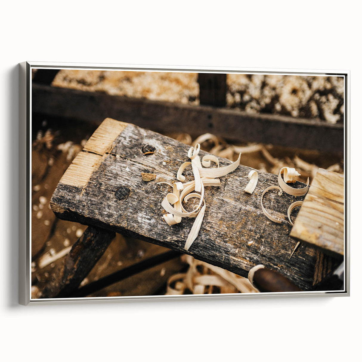 Rustic Woodworking Wall Art – Artisan Wood Shavings in Workshop