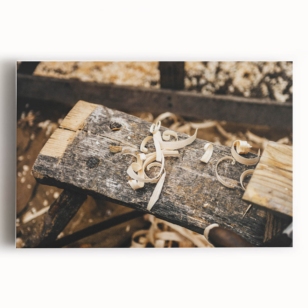 Rustic Woodworking Wall Art – Artisan Wood Shavings in Workshop