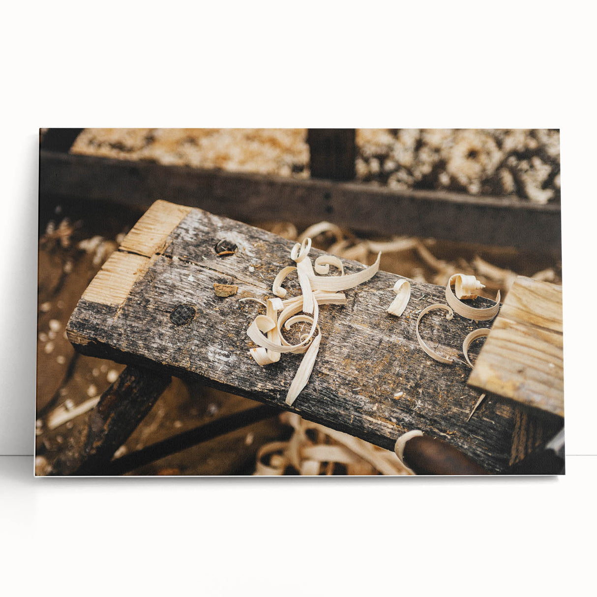 Rustic Woodworking Wall Art – Artisan Wood Shavings in Workshop