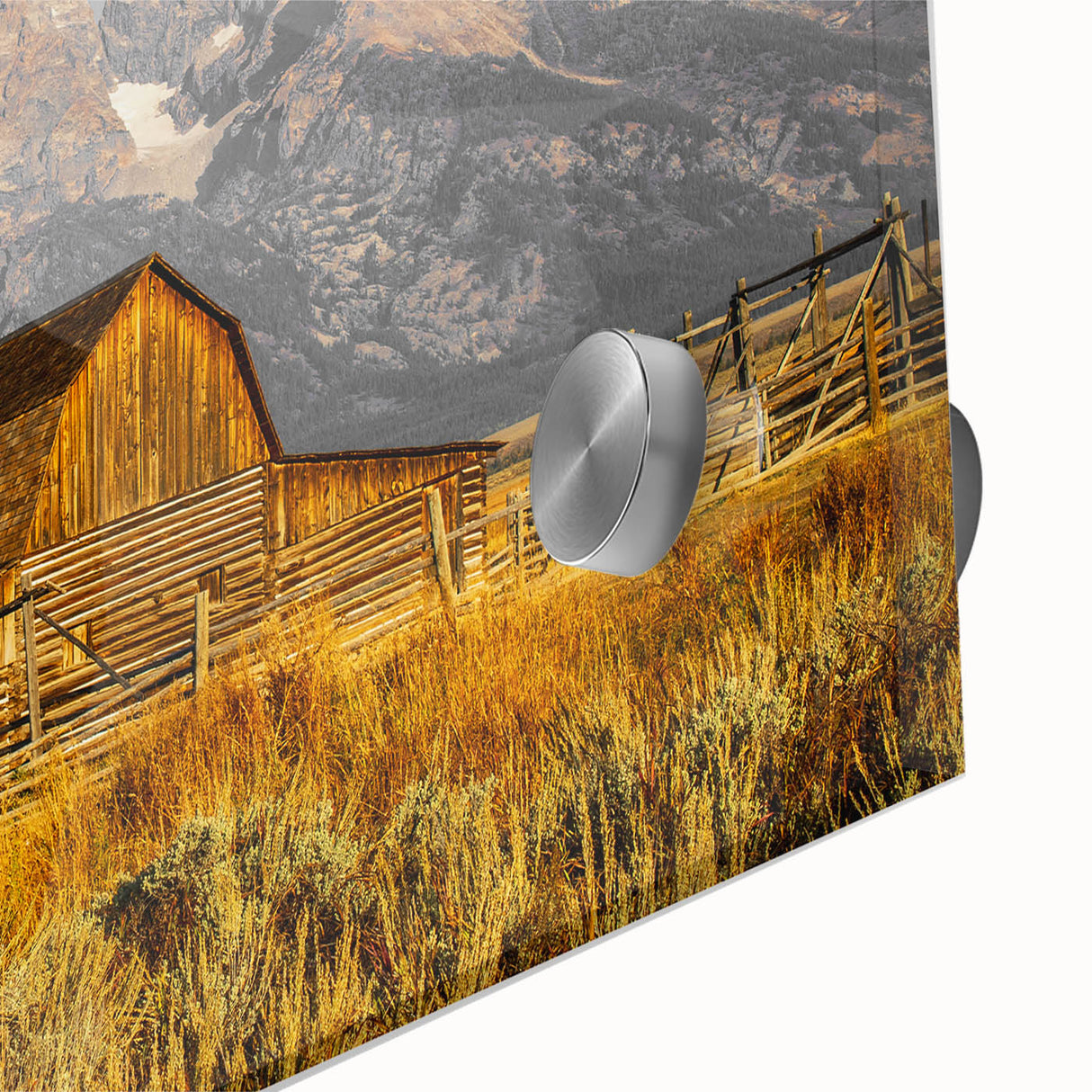 Rustic Barn with Mountain Range – Farmhouse Vintage Landscape Wall Art