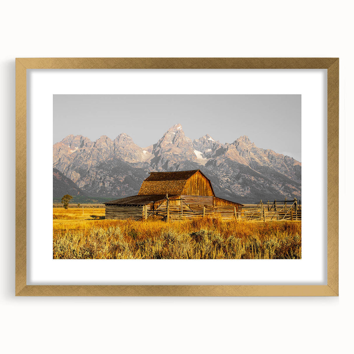 Rustic Barn with Mountain Range – Farmhouse Vintage Landscape Wall Art