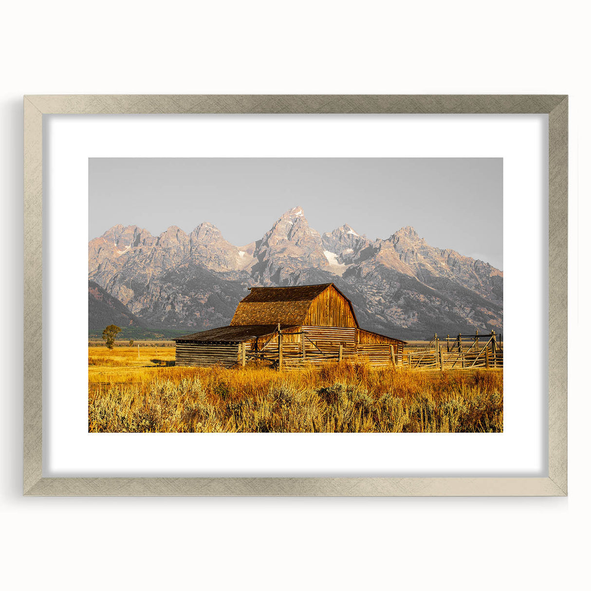 Rustic Barn with Mountain Range – Farmhouse Vintage Landscape Wall Art